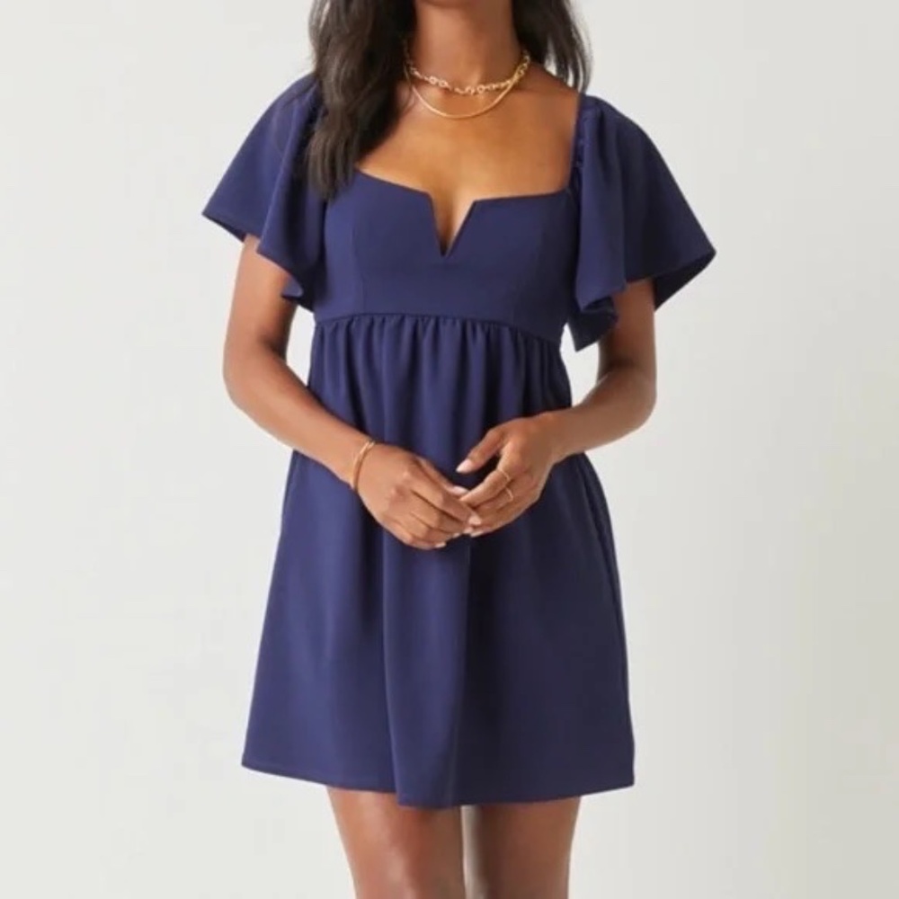 Francesca's navy Gianna mini swing dress flutter sleeves L